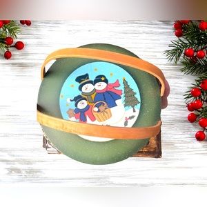 Vintage Christmas Snowman Woven Wicker Basket With Handles